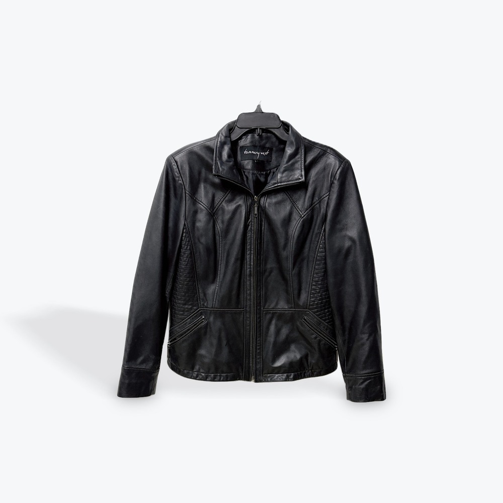 Tannery West Black Leather Jacket Womens Large Full‎ Zip Quilted Moto 00ZM2579